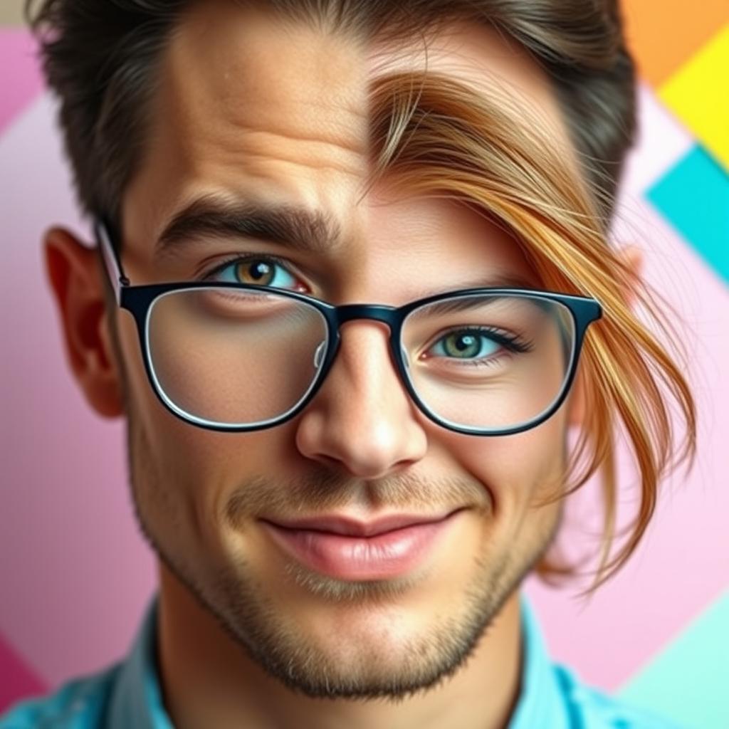 A man wearing stylish glasses, embodying a dual personality