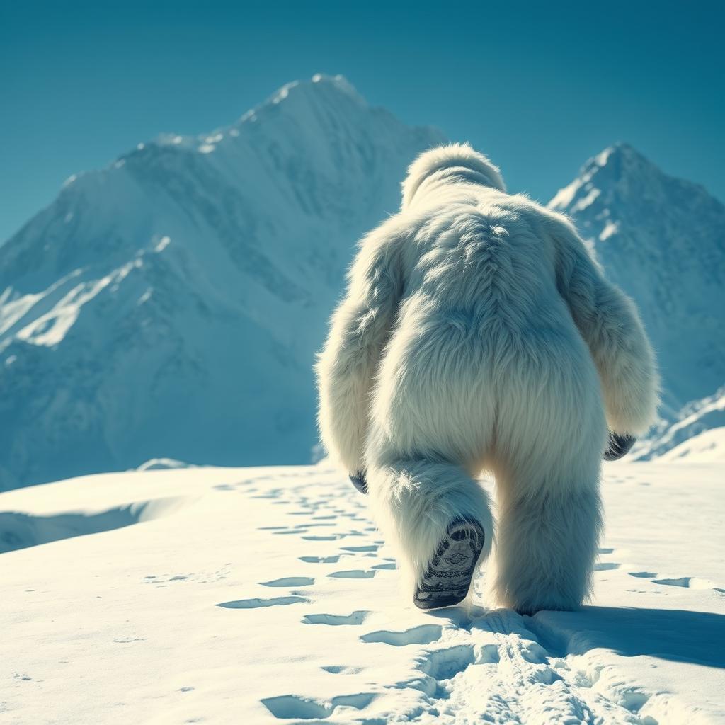 A giant, majestic white-haired yeti walking towards the towering peaks of Mount Everest, leaving deep, large footprints in the snow behind