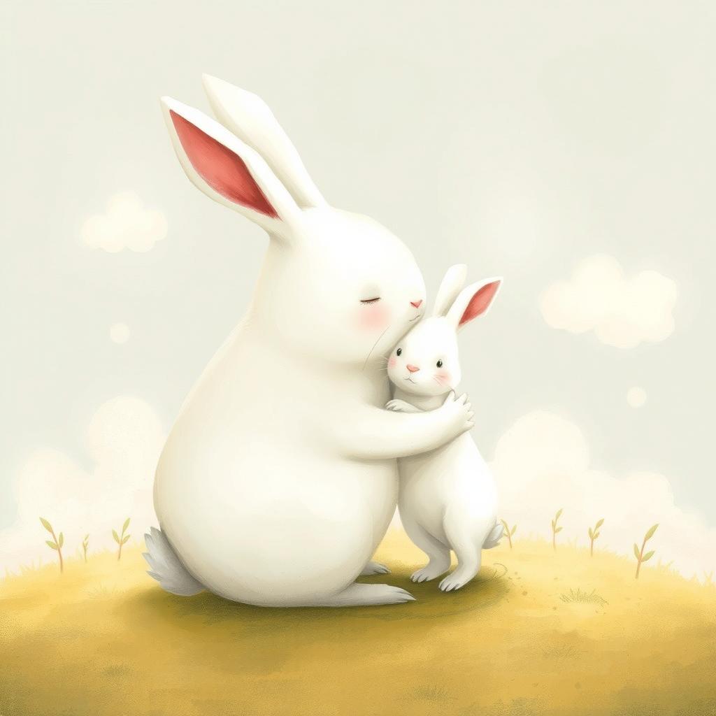 In a whimsical scene, a large white rabbit is lost in a fantasy, visualizing itself lovingly embracing a small white rabbit