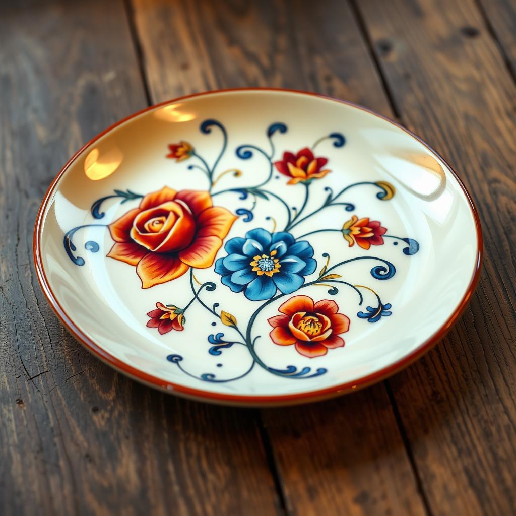 A beautifully decorated ceramic plate featuring intricate floral patterns in vibrant colors