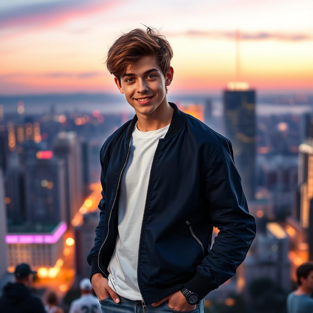 A dynamic and colorful portrait of Lorenzo, a charismatic and enchanting young man with short, tousled brunette hair and striking green eyes