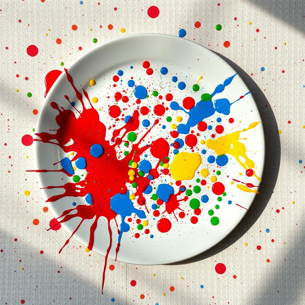 A ceramic plate that is creatively splattered with a vibrant array of paint, showcasing a chaotic yet artistic mess