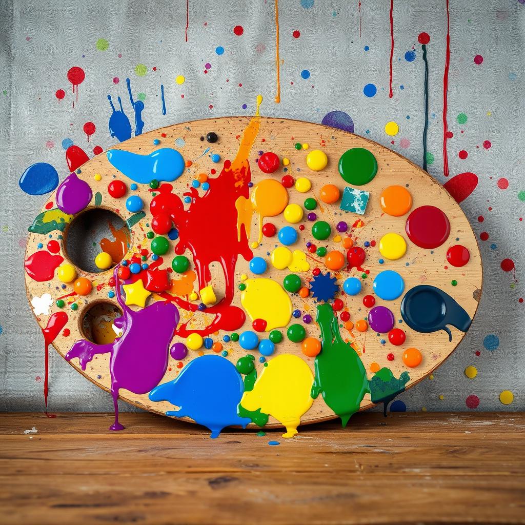 A large, artist's palette splattered with an array of vibrant paints