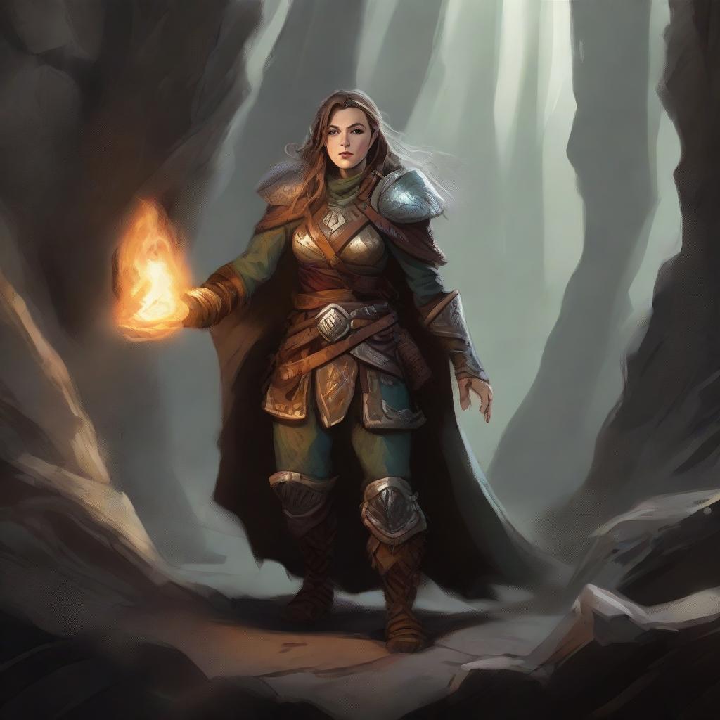 A steadfast female dwarven druid in heavy armor, ensconced within a mystical cavern, uses her potent telekinetic abilities to whirl wooden splinters and rocks around her, creating a captivating spectacle of meditative motion.