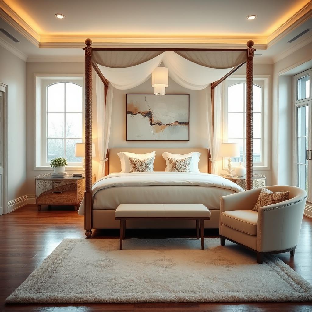 A luxurious bedroom interior showcasing an elegant, modern aesthetic
