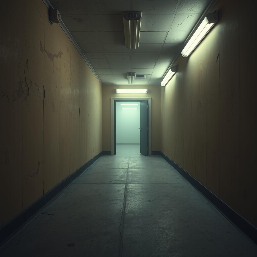 A surreal and eerie liminal space, showcasing an empty, dimly lit corridor with flickering fluorescent lights