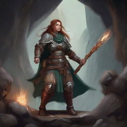 A steadfast female dwarven druid in heavy armor, ensconced within a mystical cavern, uses her potent telekinetic abilities to whirl wooden splinters and rocks around her, creating a captivating spectacle of meditative motion.