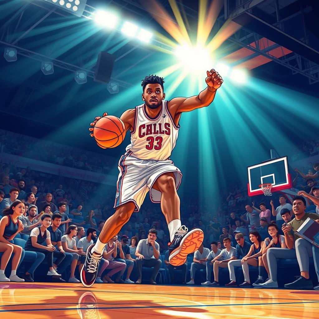 A vibrant, energetic sports illustration featuring a dynamic basketball player making an impressive move on the court