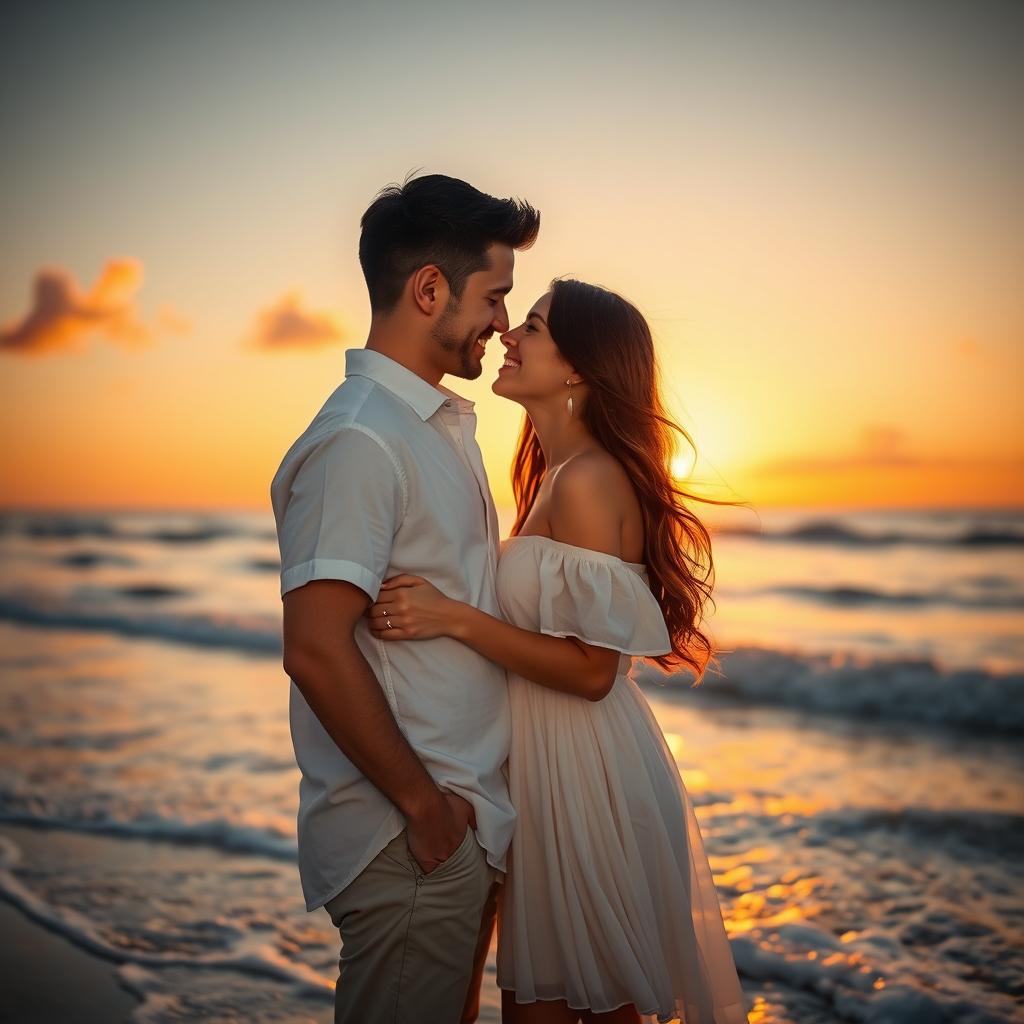A romantic and intimate portrait of a couple during a sunset at the beach