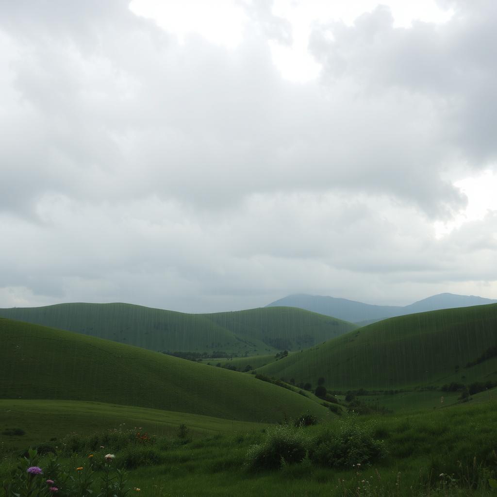 A picturesque landscape featuring green rolling hills under a dynamic sky filled with fluffy, white clouds