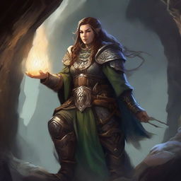 A steadfast female dwarven druid in heavy armor, ensconced within a mystical cavern, uses her potent telekinetic abilities to whirl wooden splinters and rocks around her, creating a captivating spectacle of meditative motion.