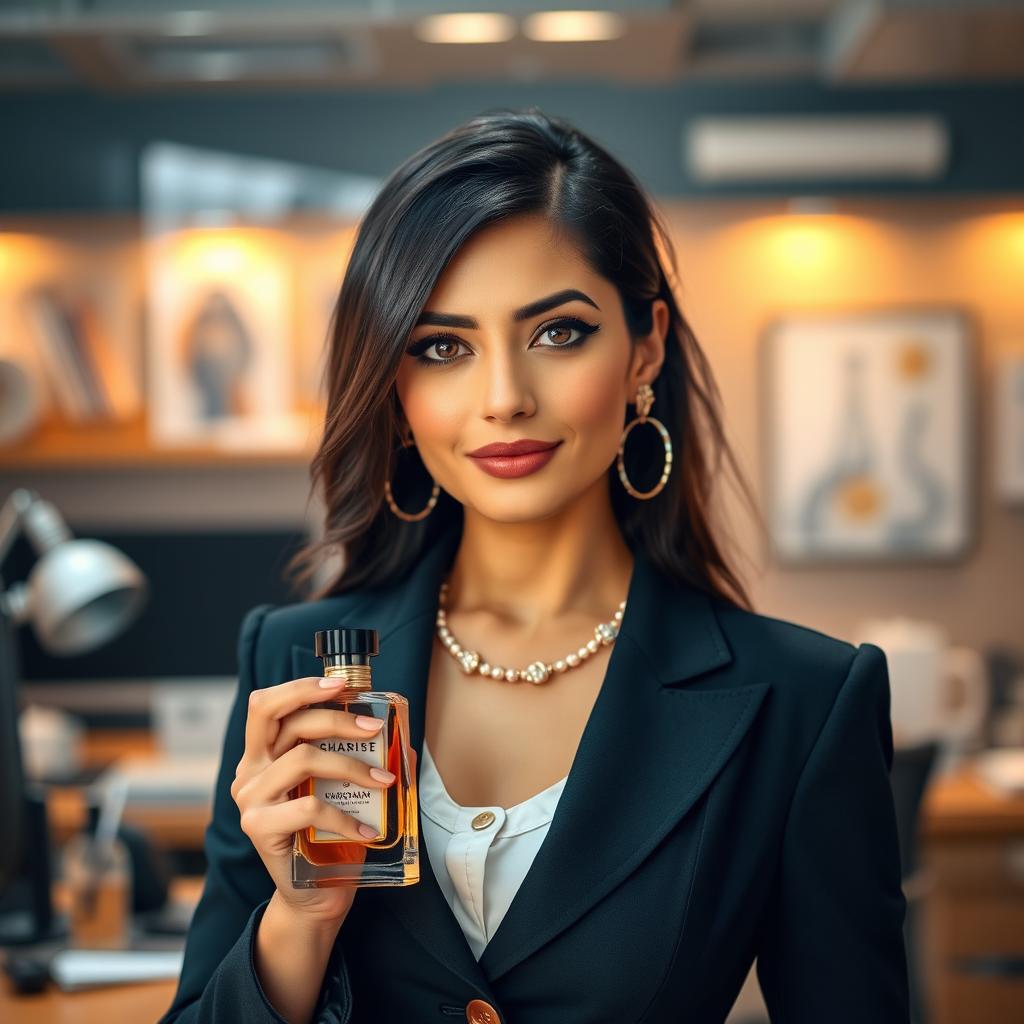 A stylish woman, representing a character named Khanom Marmand, confidently wearing a chic outfit accentuated by a bold, sharp perfume