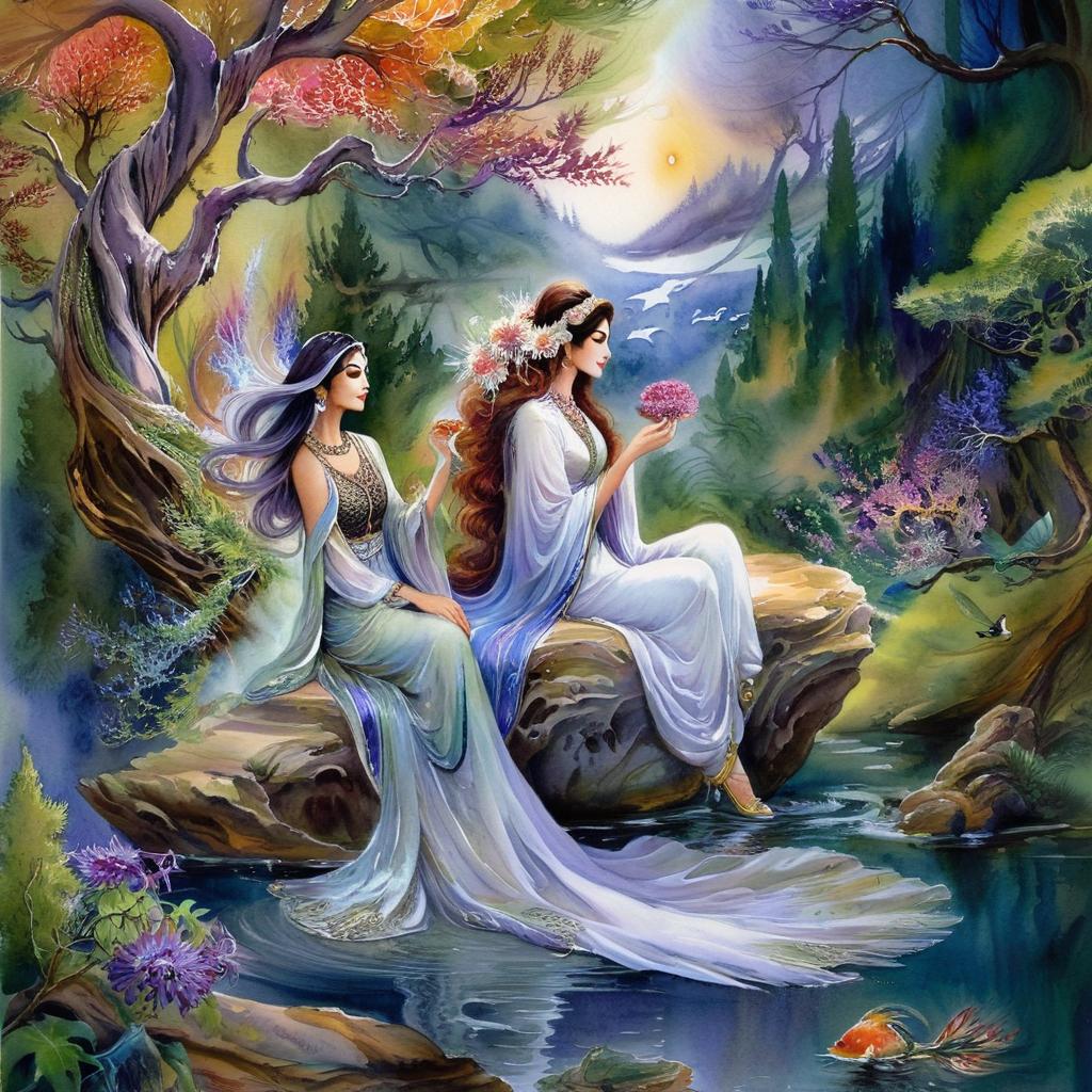Mystical and spiritual watercolor painting of a beautiful Iranian woman sitting on a rock on a beautiful and peaceful pond in a dense forest with cypress trees, plane trees, grapevines, winding bonsai trees, and a whirlwind of colorful flowers and beautiful.