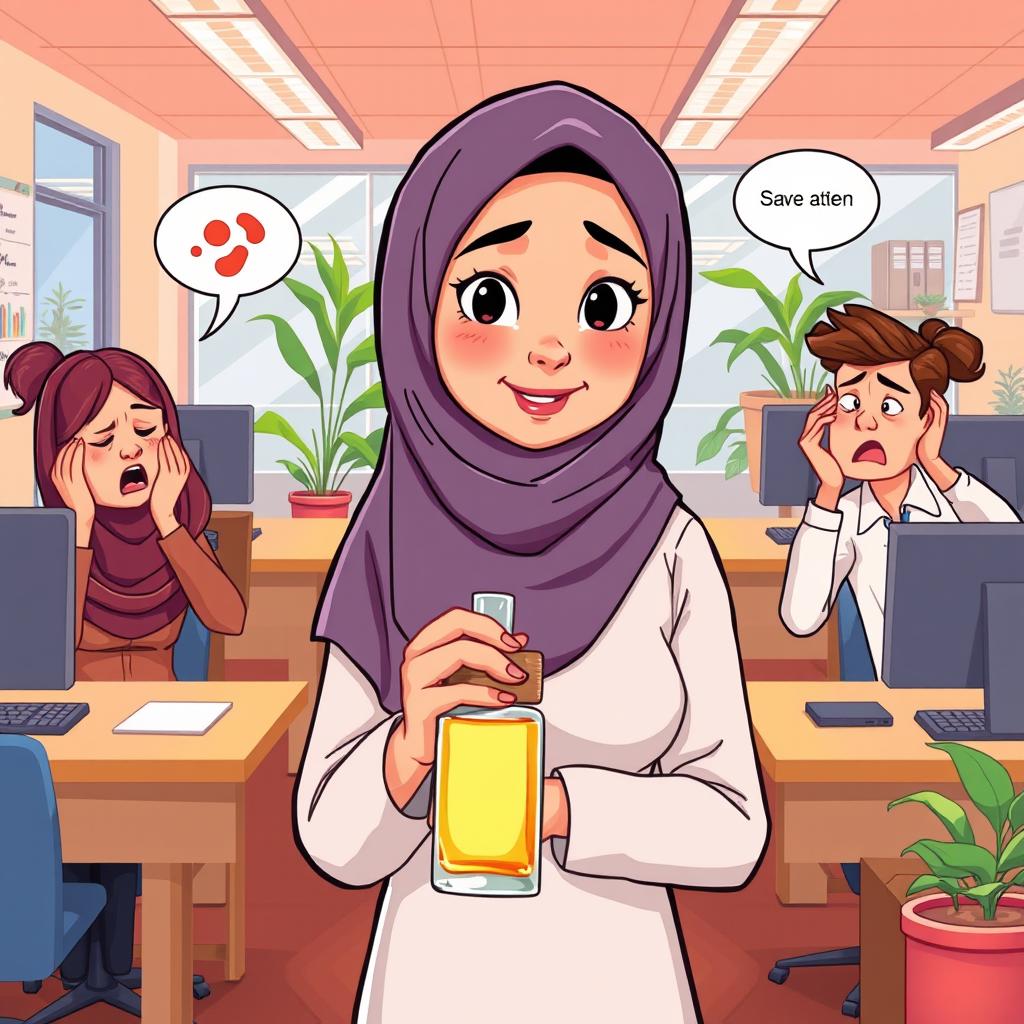 A cartoon illustration of a woman wearing a hijab in an office setting