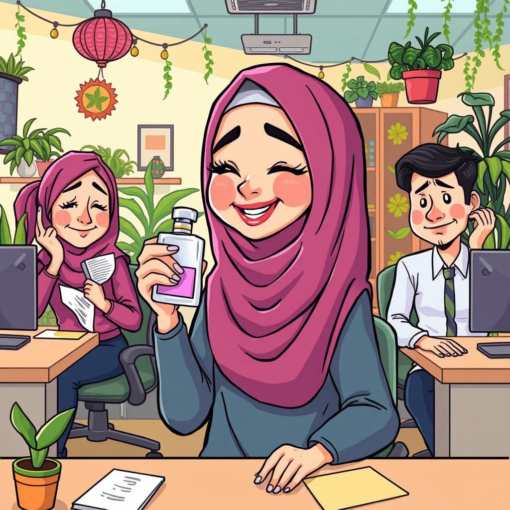 A cartoon illustration of a woman wearing a hijab in a colorful office setting