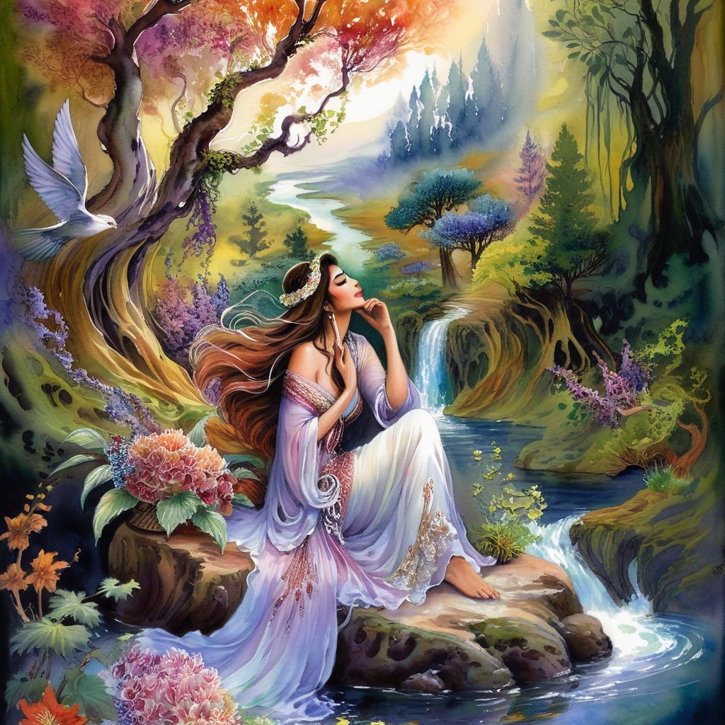 Mystical and spiritual watercolor painting of a beautiful Iranian woman sitting on a rock on a beautiful and peaceful pond in a dense forest with cypress trees, plane trees, grapevines, winding bonsai trees, and a whirlwind of colorful flowers and beautiful.