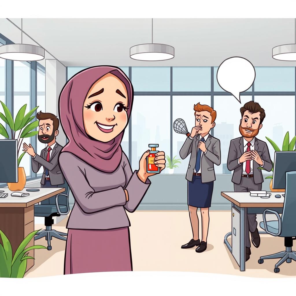 A cartoon illustration of a woman wearing a hijab in a modern office environment