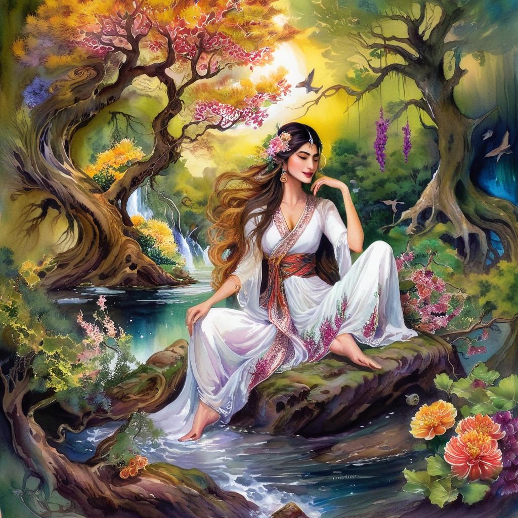 Mystical and spiritual watercolor painting of a beautiful Iranian woman sitting on a rock on a beautiful and peaceful pond in a dense forest with cypress trees, plane trees, grapevines, winding bonsai trees, and a whirlwind of colorful flowers and beautiful.