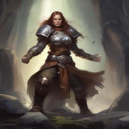 A steadfast female dwarven druid in heavy armor, ensconced within a mystical cavern, uses her potent telekinetic abilities to whirl wooden splinters and rocks around her, creating a captivating spectacle of meditative motion.