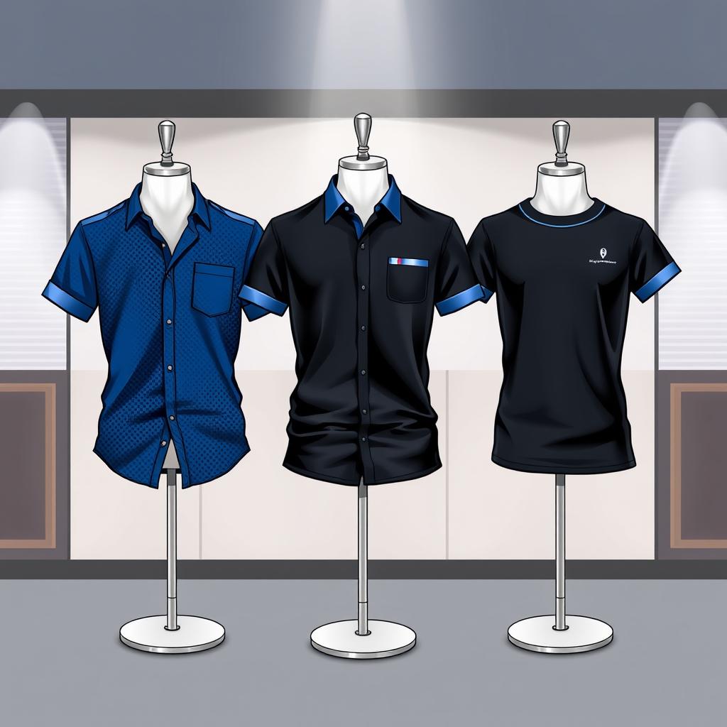 A fashion illustration showcasing a stylish, modern outfit featuring shirts in shades of blue and black