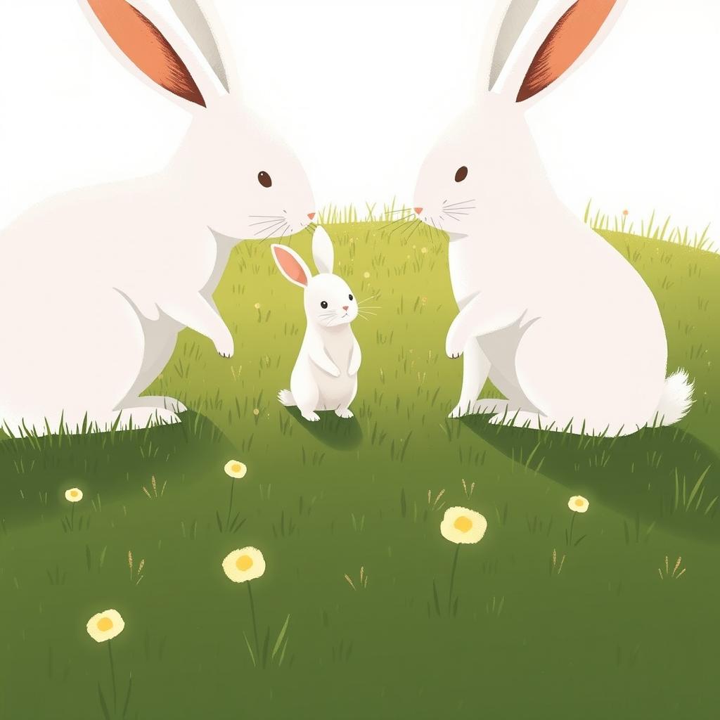 On a lush green meadow, a small white rabbit stands proudly in the center, flanked by two large white rabbits on either side