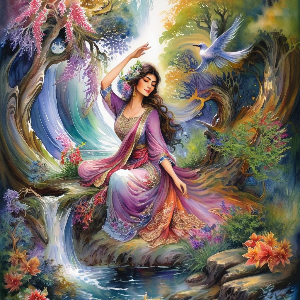 Mystical and spiritual watercolor painting of a beautiful Iranian woman sitting on a rock on a beautiful and peaceful pond in a dense forest with cypress trees, plane trees, grapevines, winding bonsai trees, and a whirlwind of colorful flowers and beautiful.
