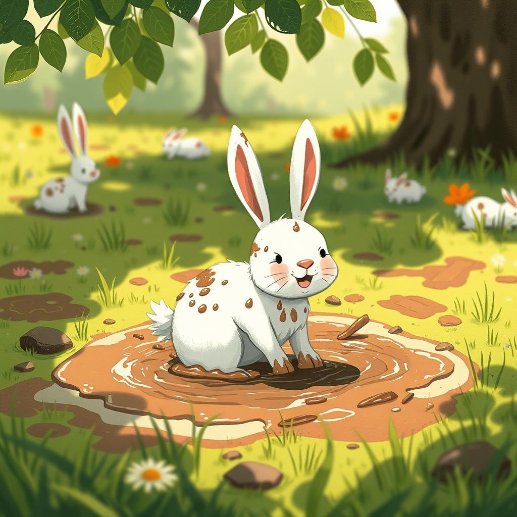 A small white rabbit covered in mud, joyfully playing in a muddy puddle on the grass, illustrated in the whimsical style of Jon Klassen