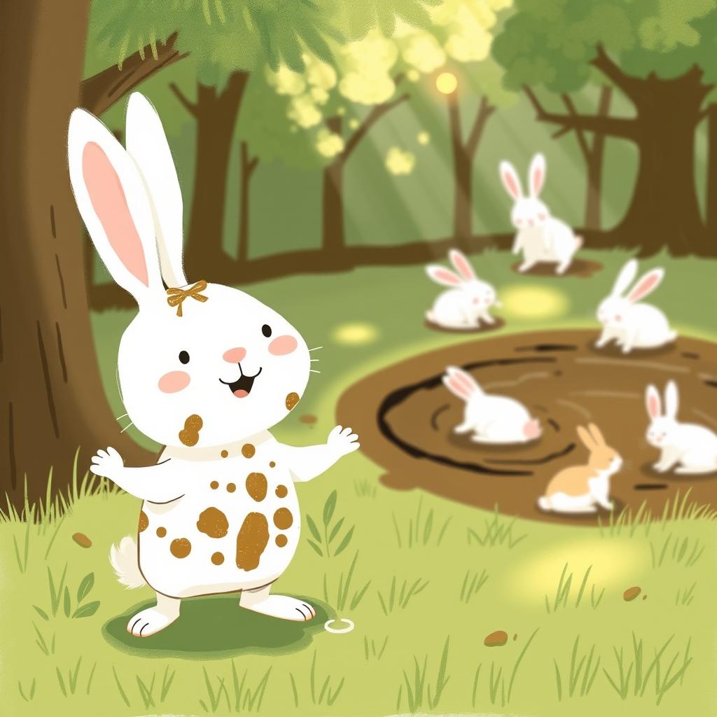 A small white rabbit with mud all over its body and face, standing on the grass in a cheerful pose