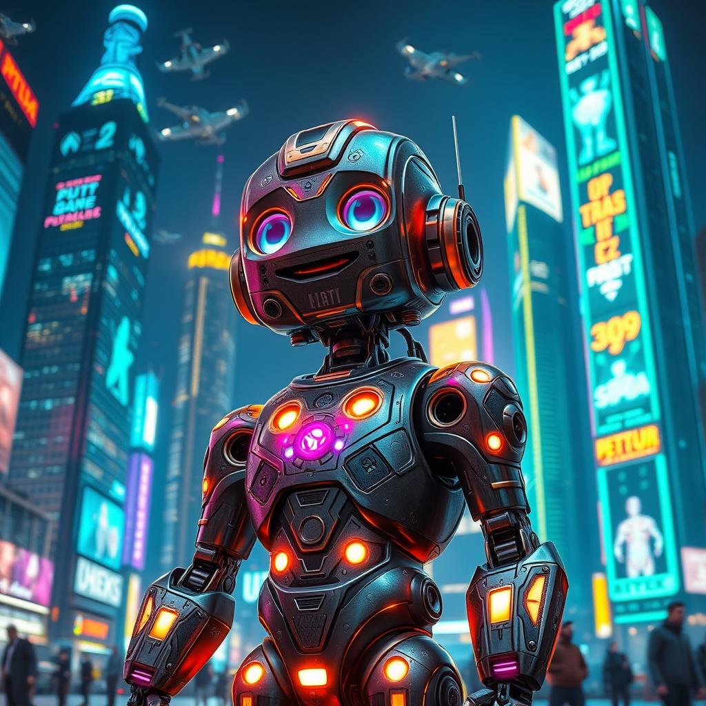 A futuristic robot standing in a vibrant, neon-lit cityscape at night, displaying intricate designs with glowing circuits and metallic surfaces