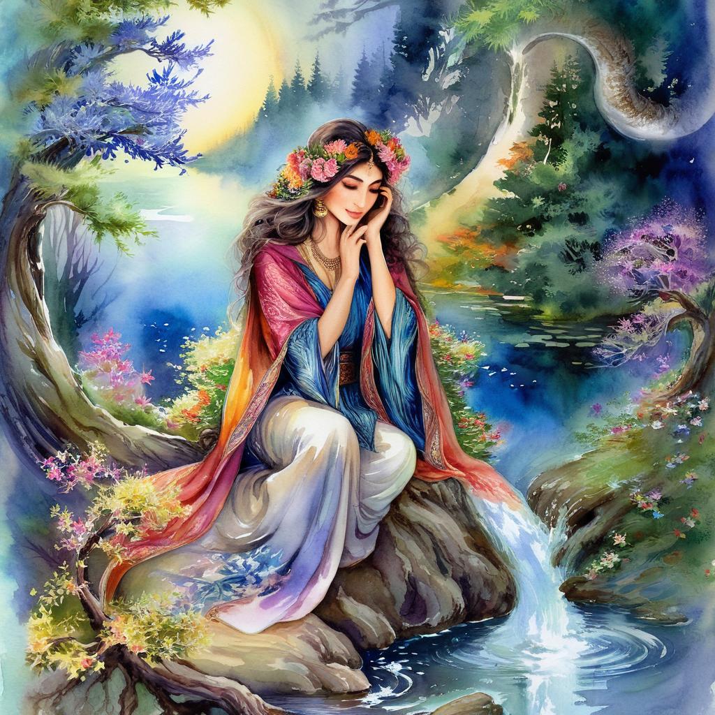 Mystical and spiritual watercolor painting of a beautiful Iranian woman sitting on a rock on a beautiful and peaceful pond in a dense forest with cypress trees, plane trees, grapevines, winding bonsai trees, and a whirlwind of colorful flowers and beautiful.