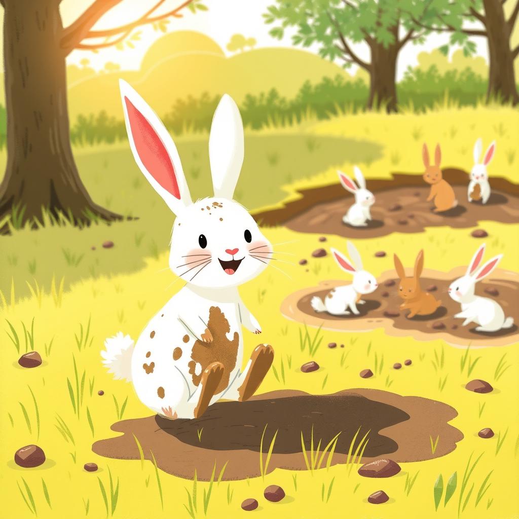 A small white rabbit covered in mud on its body and face, joyfully bouncing on the grass with a cheerful expression
