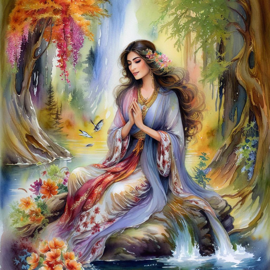 Mystical and spiritual watercolor painting of a beautiful Iranian woman sitting on a rock on a beautiful and peaceful pond in a dense forest with cypress trees, plane trees, grapevines, winding bonsai trees, and a whirlwind of colorful flowers and beautiful.
