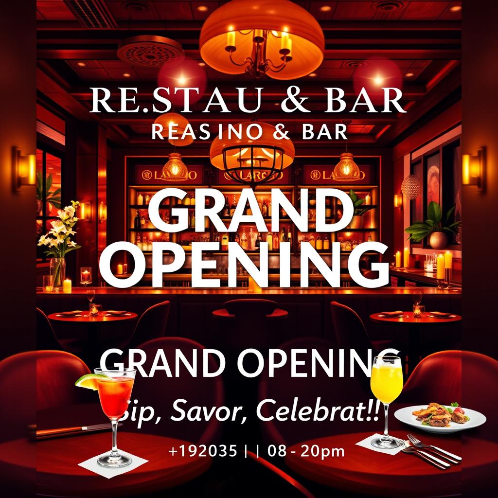 A vibrant and sophisticated poster announcing the grand opening of a restaurant and bar