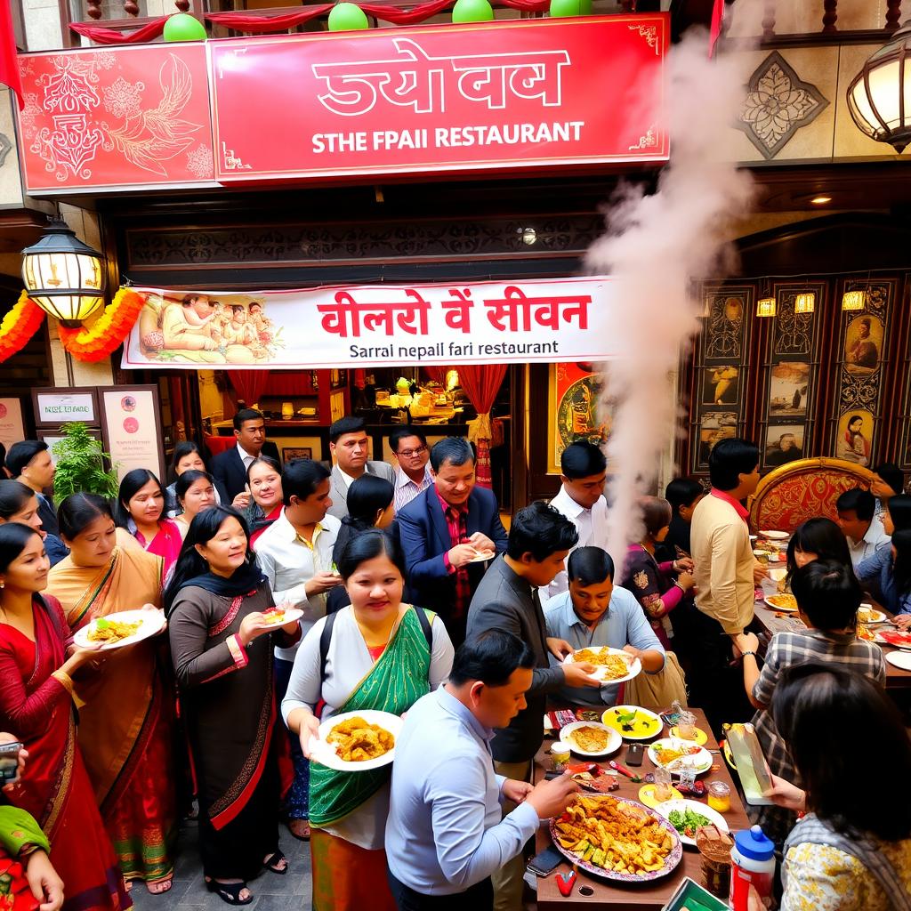 A vibrant and lively scene of the grand opening of 'Sara Nepali Restaurant', showcasing a festive atmosphere