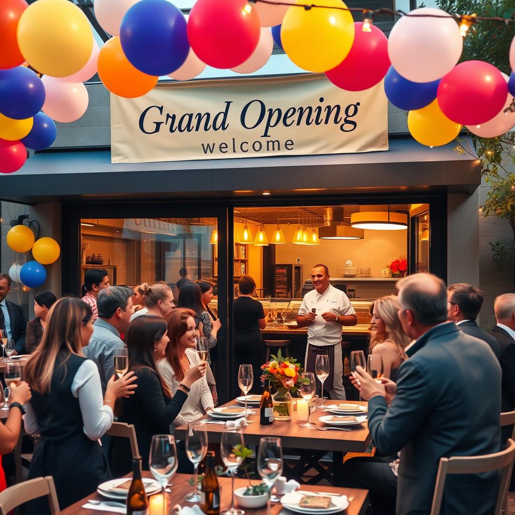 A vibrant restaurant grand opening scene featuring a beautifully decorated outdoor space with colorful balloons and elegant table settings