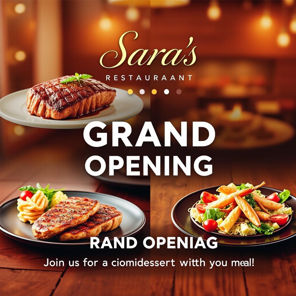 A vibrant and inviting poster for the grand opening of Sara's Restaurant