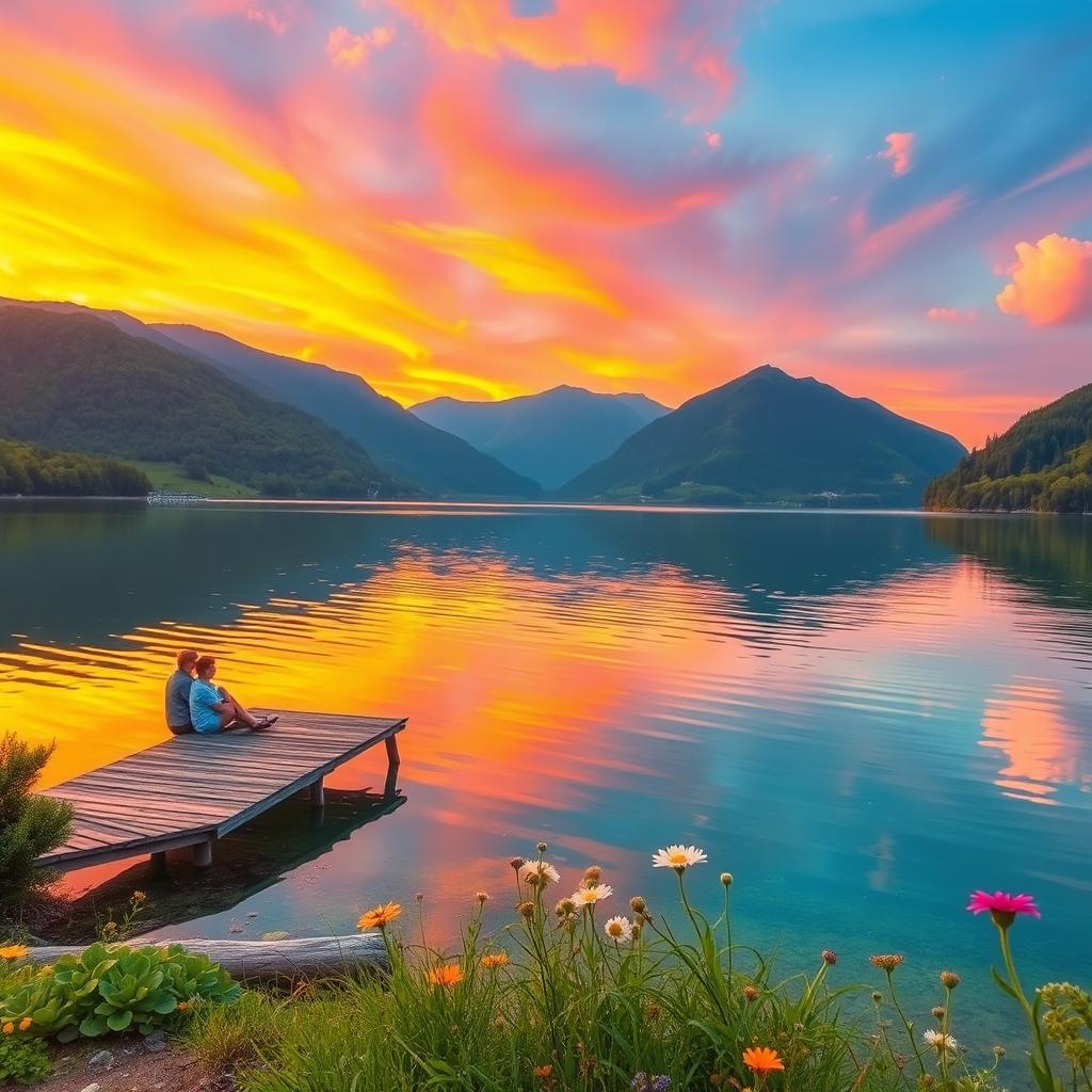 A stunning landscape featuring a serene sunset over a crystal-clear lake surrounded by lush green mountains