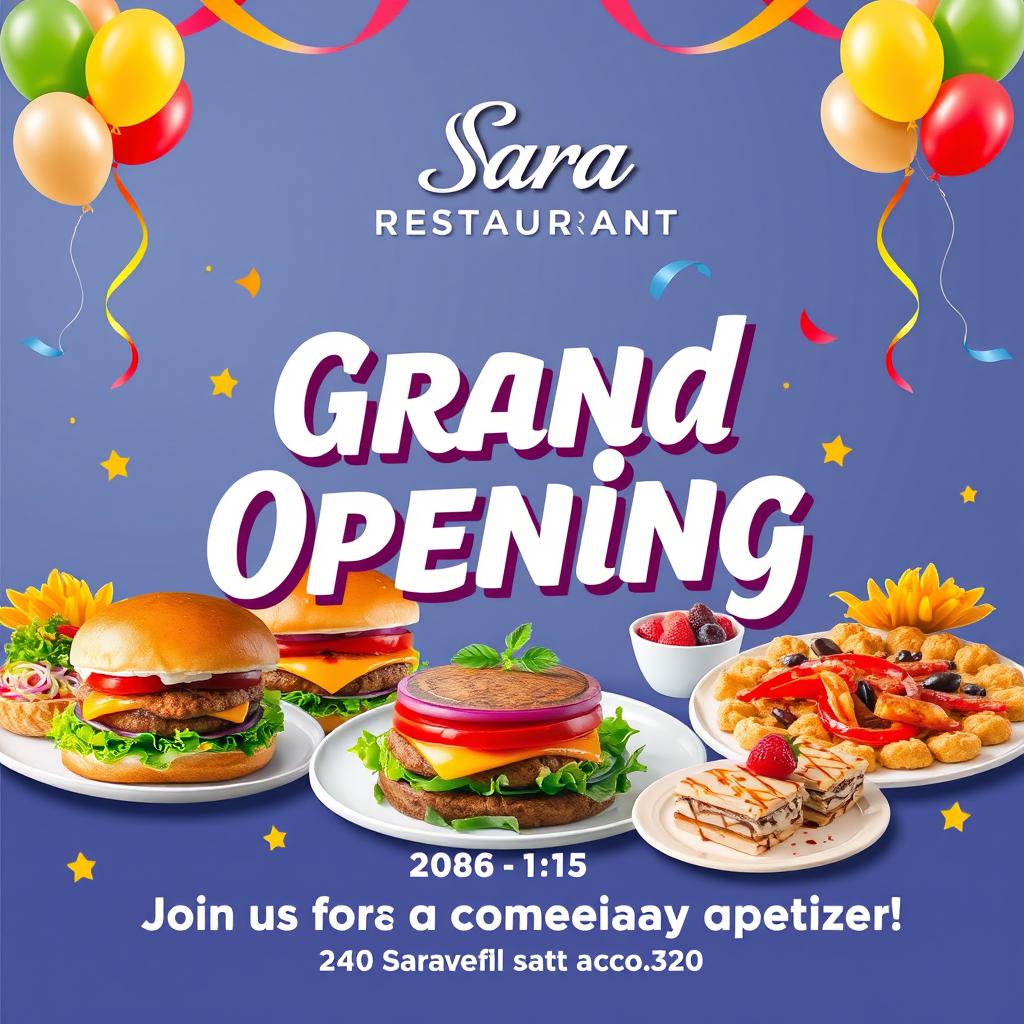 A vibrant and inviting poster for the grand opening of 'Sara Restaurant'