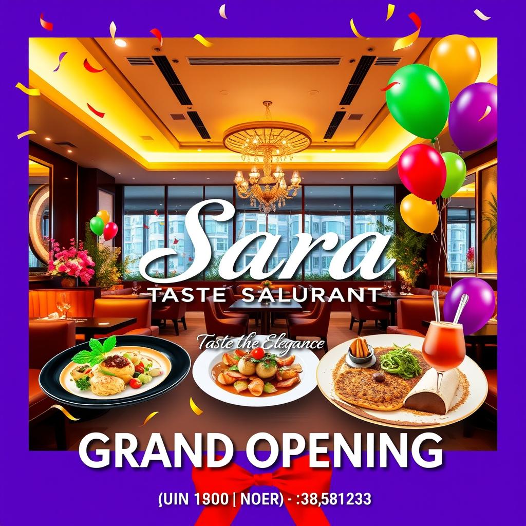 A vibrant and eye-catching poster design for the grand opening of 'Sara Restaurant'