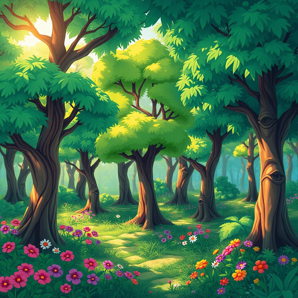 A vibrant and beautiful green forest filled with trees, capturing a cartoonish style, rich in details and vibrant colors
