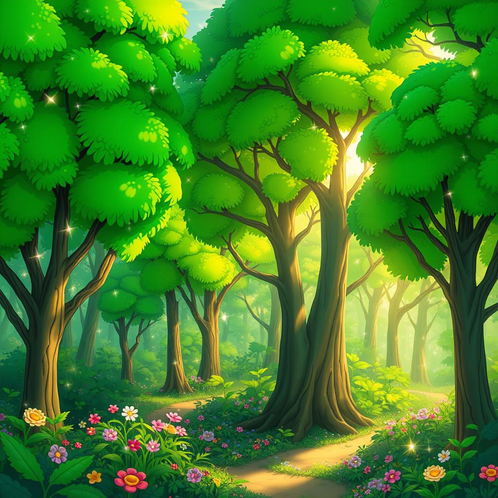 A beautiful, lush green forest filled with vibrant trees, exuding a cartoon-like charm