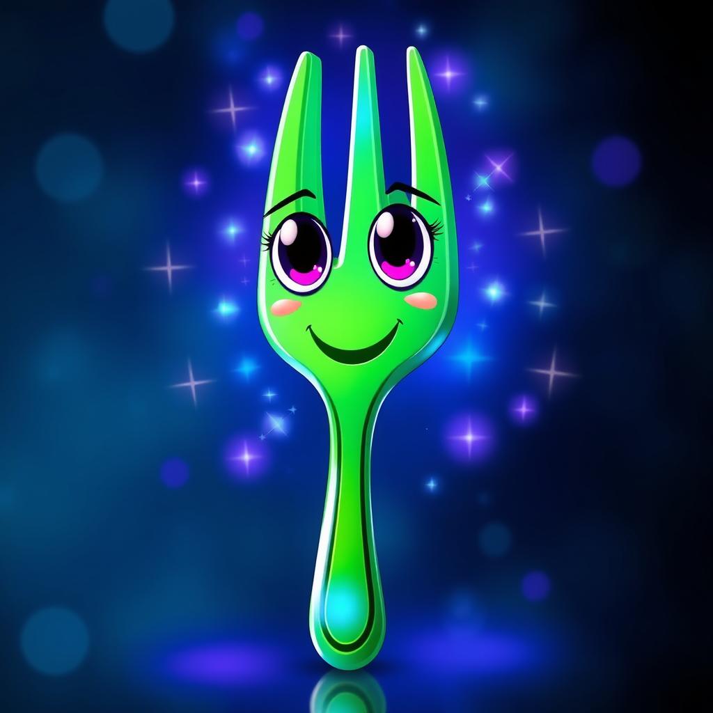 A cartoon-like green fork, designed with a whimsical and colorful aesthetic, radiating with beautiful and dazzling magical lights in shades of blue and purple