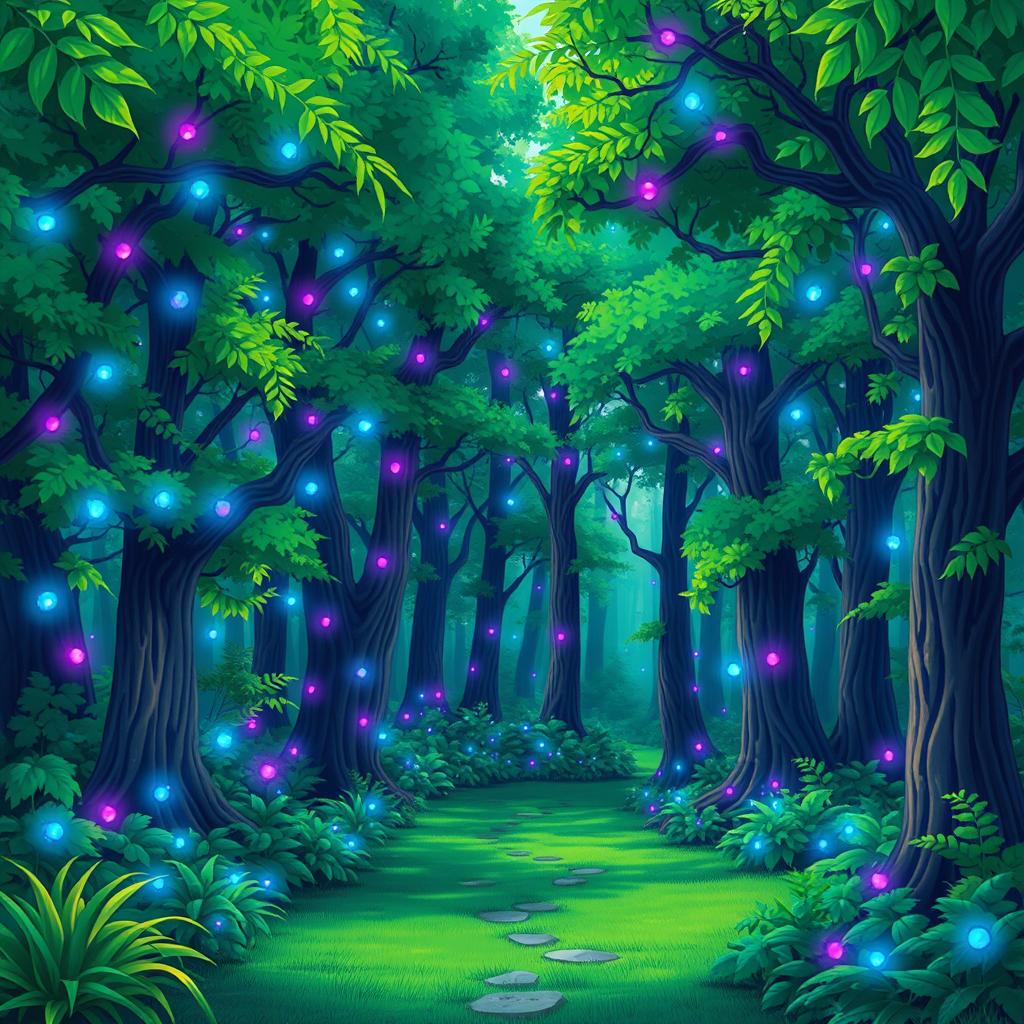 A beautiful, very green forest with a vibrant cartoon-like appearance