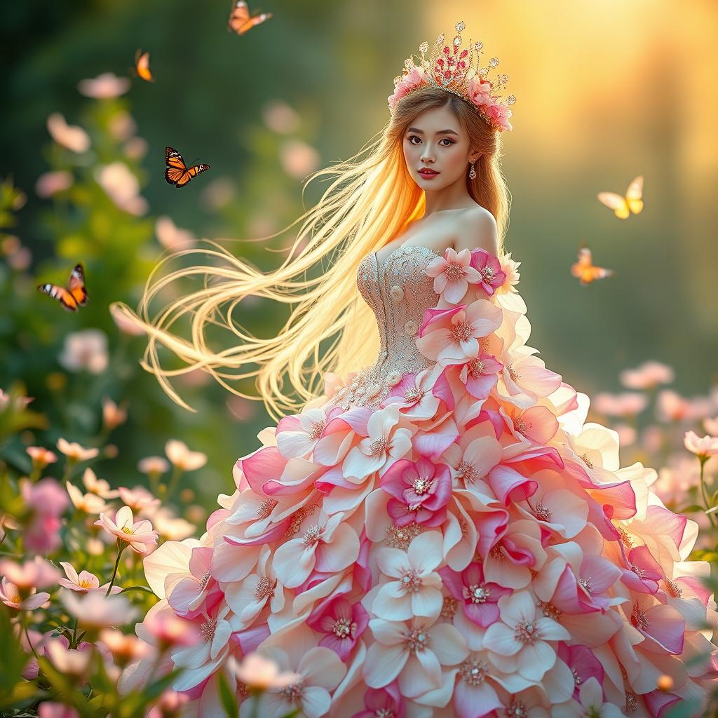 A beautiful princess inspired by the flower Dara kesidang, wearing an elaborate gown made of delicate petals in various shades of pink, white, and soft yellow
