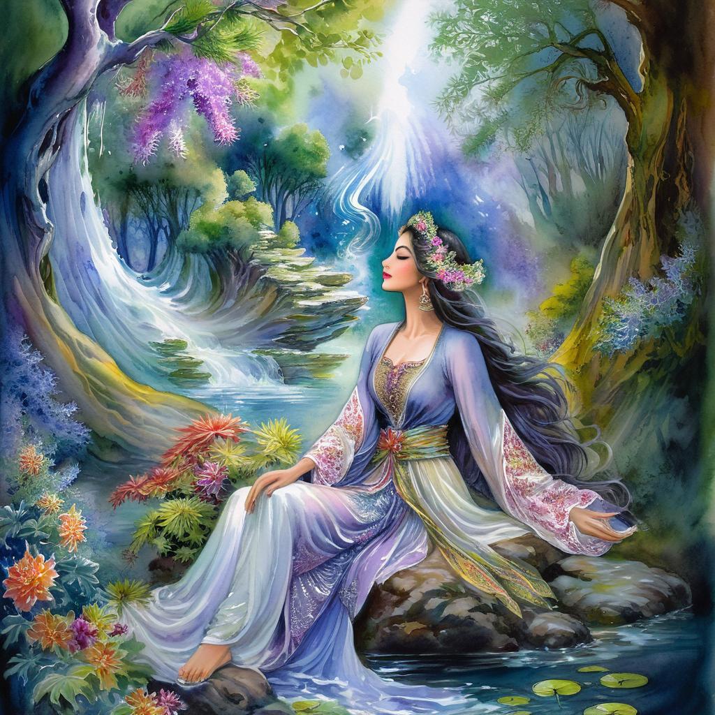 Mystical and spiritual watercolor painting of a beautiful Iranian woman sitting on a rock on a beautiful and peaceful pond in a dense forest with cypress trees, plane trees, grapevines, winding bonsai trees, and a whirlwind of colorful flowers and beautiful.