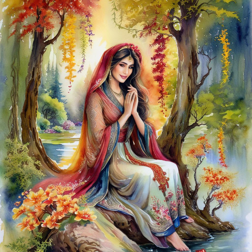 Mystical and spiritual watercolor painting of a beautiful Iranian woman sitting on a rock on a beautiful and peaceful pond in a dense forest with cypress trees, plane trees, grapevines, winding bonsai trees, and a whirlwind of colorful flowers and beautiful.