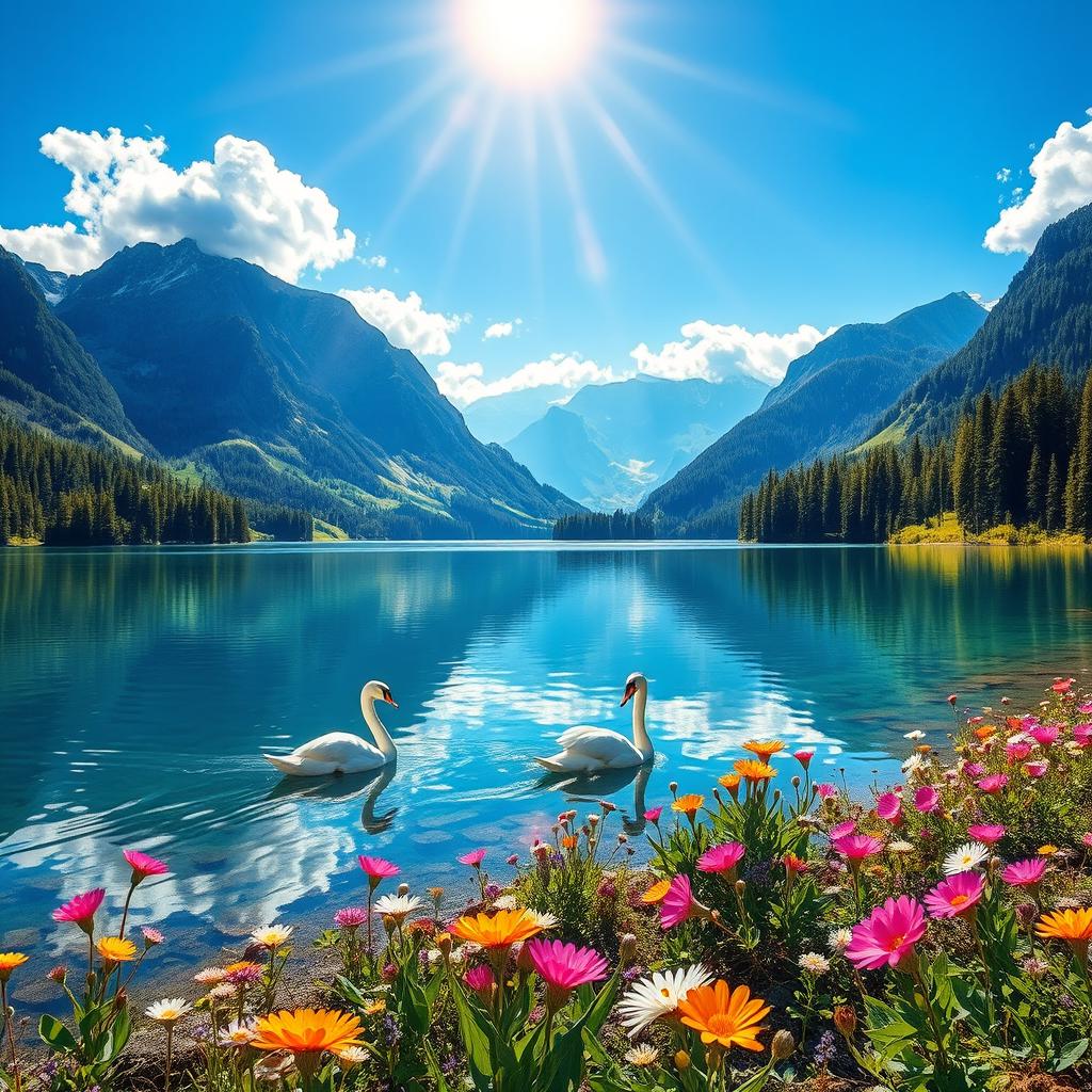 A vibrant and enchanting landscape featuring a serene lake surrounded by majestic mountains and lush green forests under a brilliant blue sky