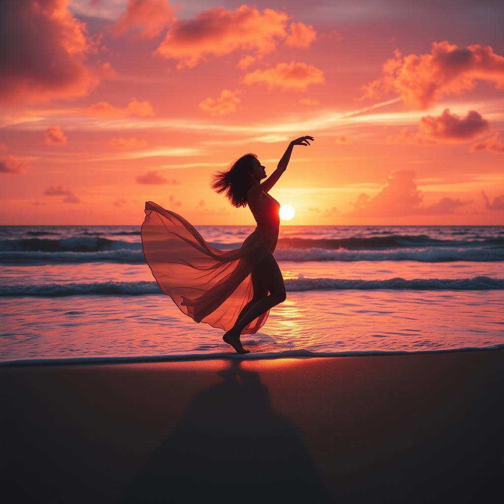 A beautiful woman dancing gracefully on the beach during sunset, her silhouette outlined against the vibrant sky filled with hues of orange, purple, and pink