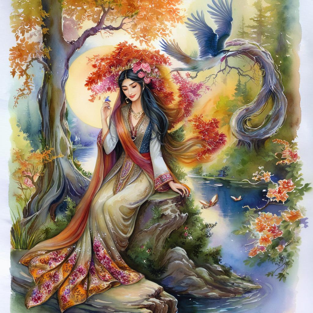 Mystical and spiritual watercolor painting of a beautiful Iranian woman sitting on a rock on a beautiful and peaceful pond in a dense forest with cypress trees, plane trees, grapevines, winding bonsai trees, and a whirlwind of colorful flowers and beautiful.