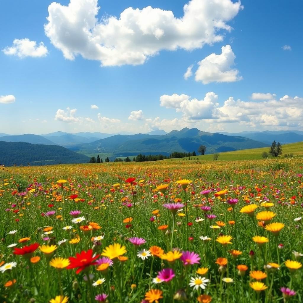 A scenic landscape with vibrant colors, featuring a picturesque view of a vast meadow covered in blooming wildflowers under a sunny sky